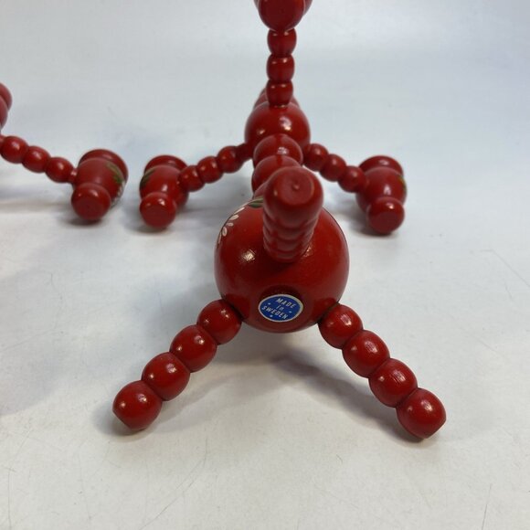 Swedish Traditional Bobbin Candle Holders 3 Arm Hand Painted Wood Red Set of 3 - Picture 10 of 10